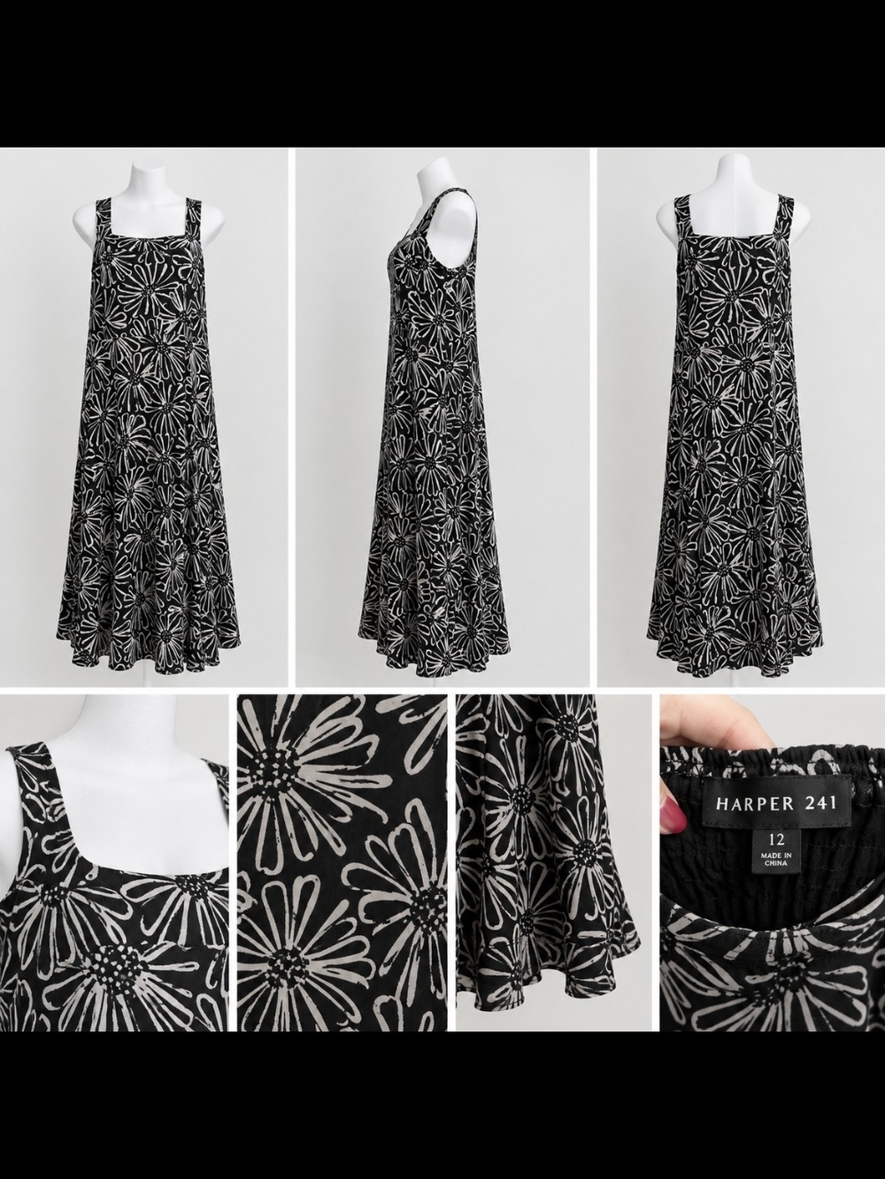 Harper Black and White Floral Square-Neck Dress